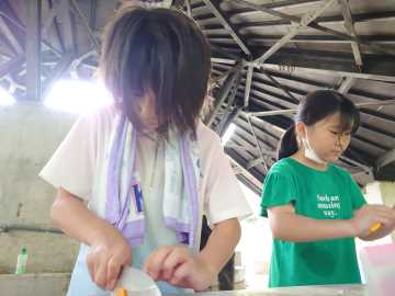 カレーの具材を丁寧に刻む2人の女子児童の写真