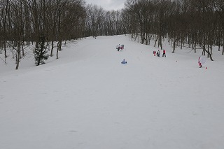広い斜面を滑り降りる児童を遠くから撮った写真