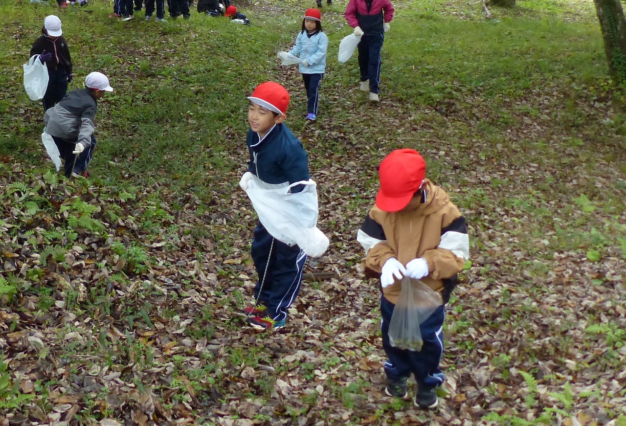 ビニール袋を持って木の実を拾っている子供たちの写真