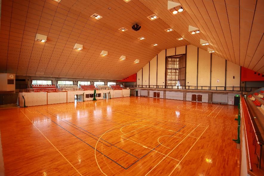 高い天井に照明がついている体育館の内側の写真