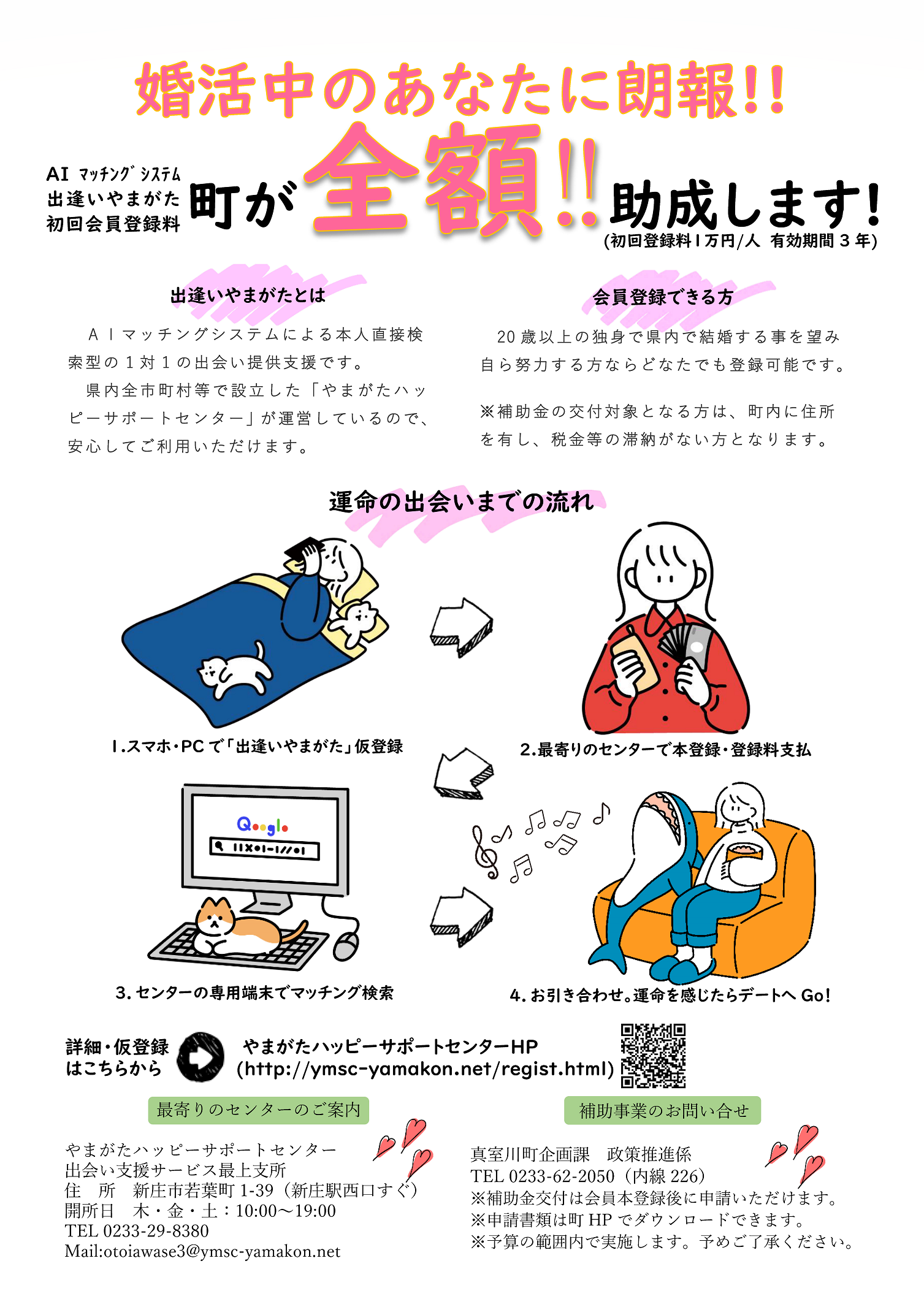 真室川町のやまがたハッピーサポートセンター会員登録支援事業補助金について告知しているチラシ 詳細は以下