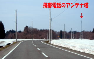 道路の先にある鉄塔に赤字で「携帯電話のアンテナ塔」と書かれている写真