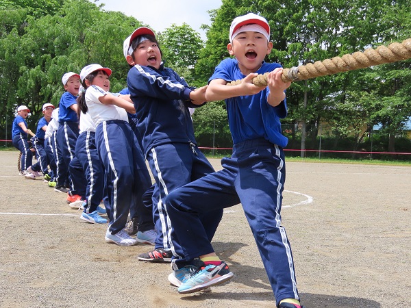 綱引きをする運動帽子を被ったジャージ姿の子供たちの写真