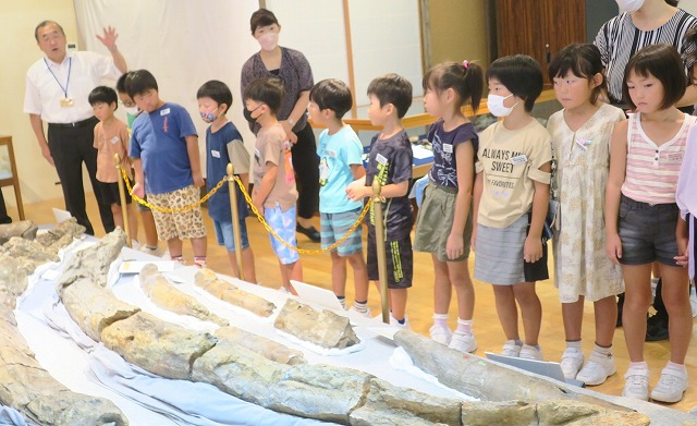 展示された化石の前に整列し館長の話を熱心に聴く児童たちの写真