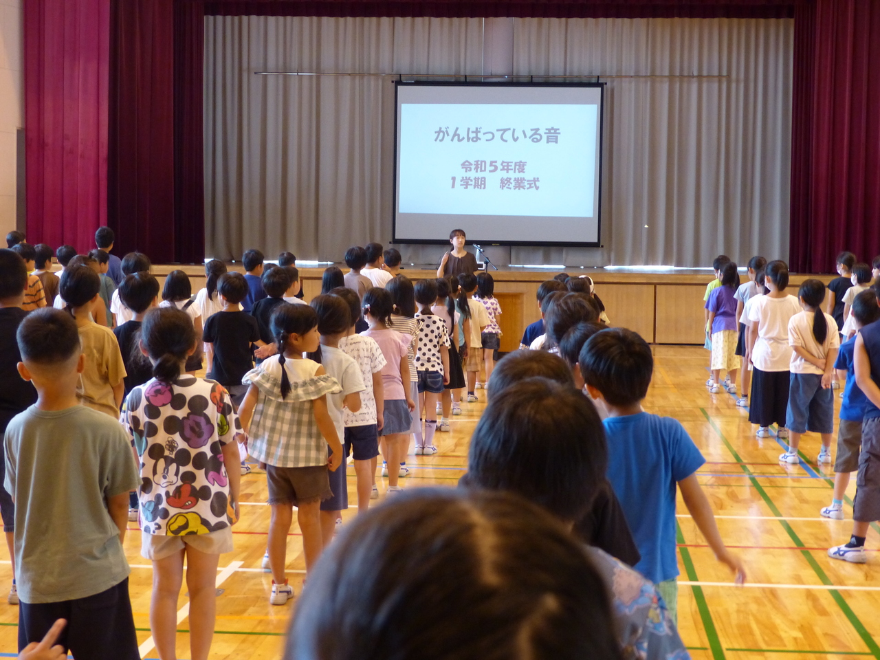 体育館内で整列する児童たちの写真