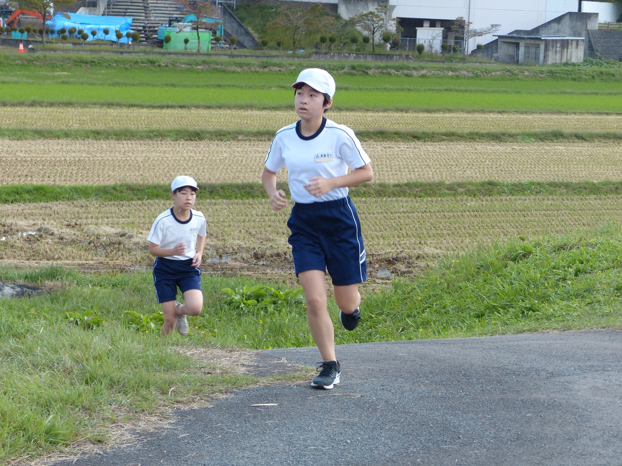 そばに田んぼがある道を走る男子生徒たちの写真