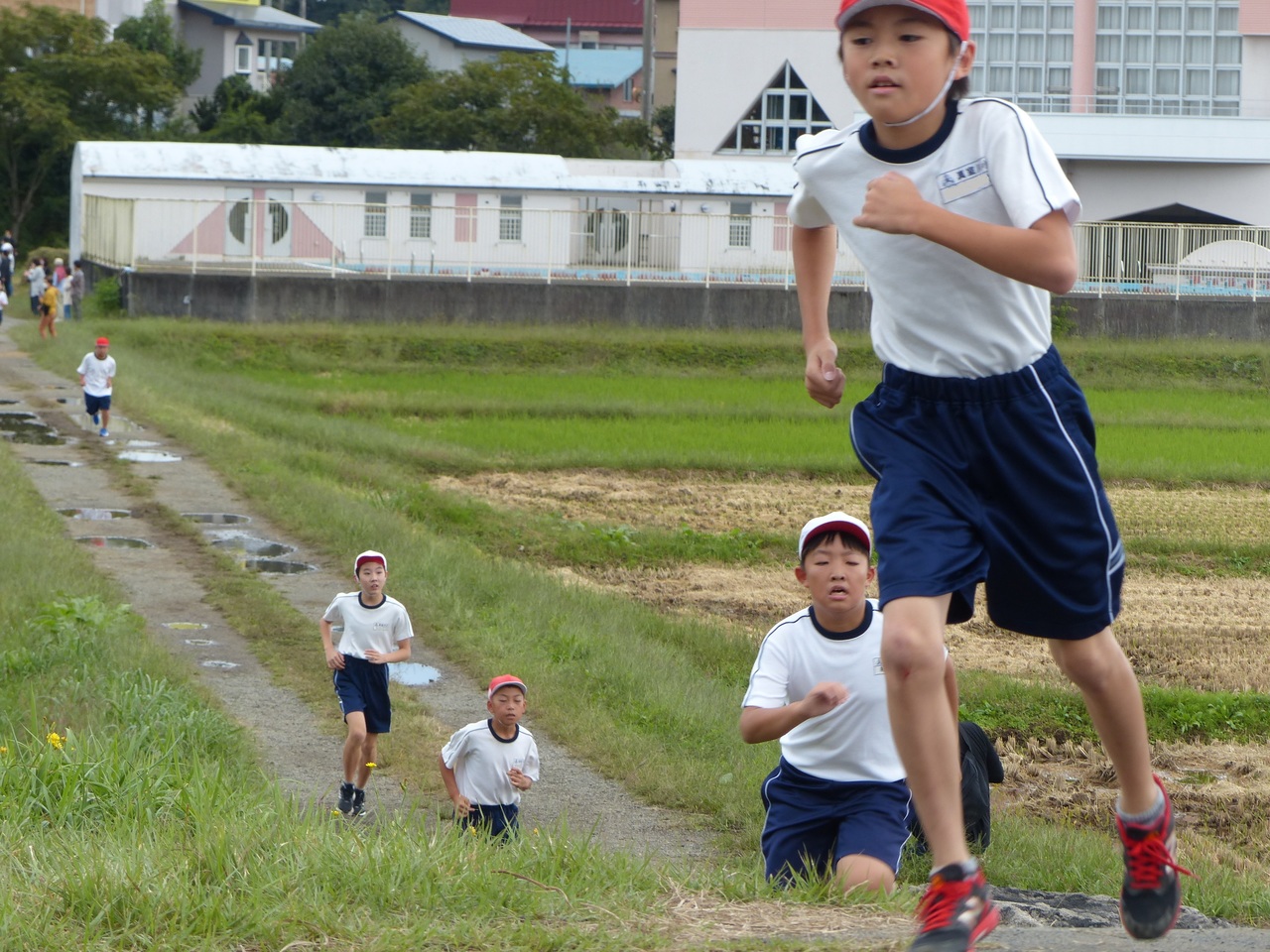 坂道になった田んぼ道を走る生徒たちの写真