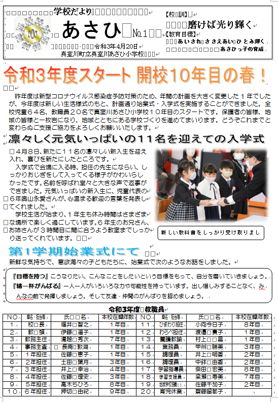 学校だより「あさひ」令和3年4月20日発行の紙面
