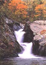 紅く葉が色づいた木々に囲われ、段差になっている岩壁を水が流れ落ちている三段滝の写真