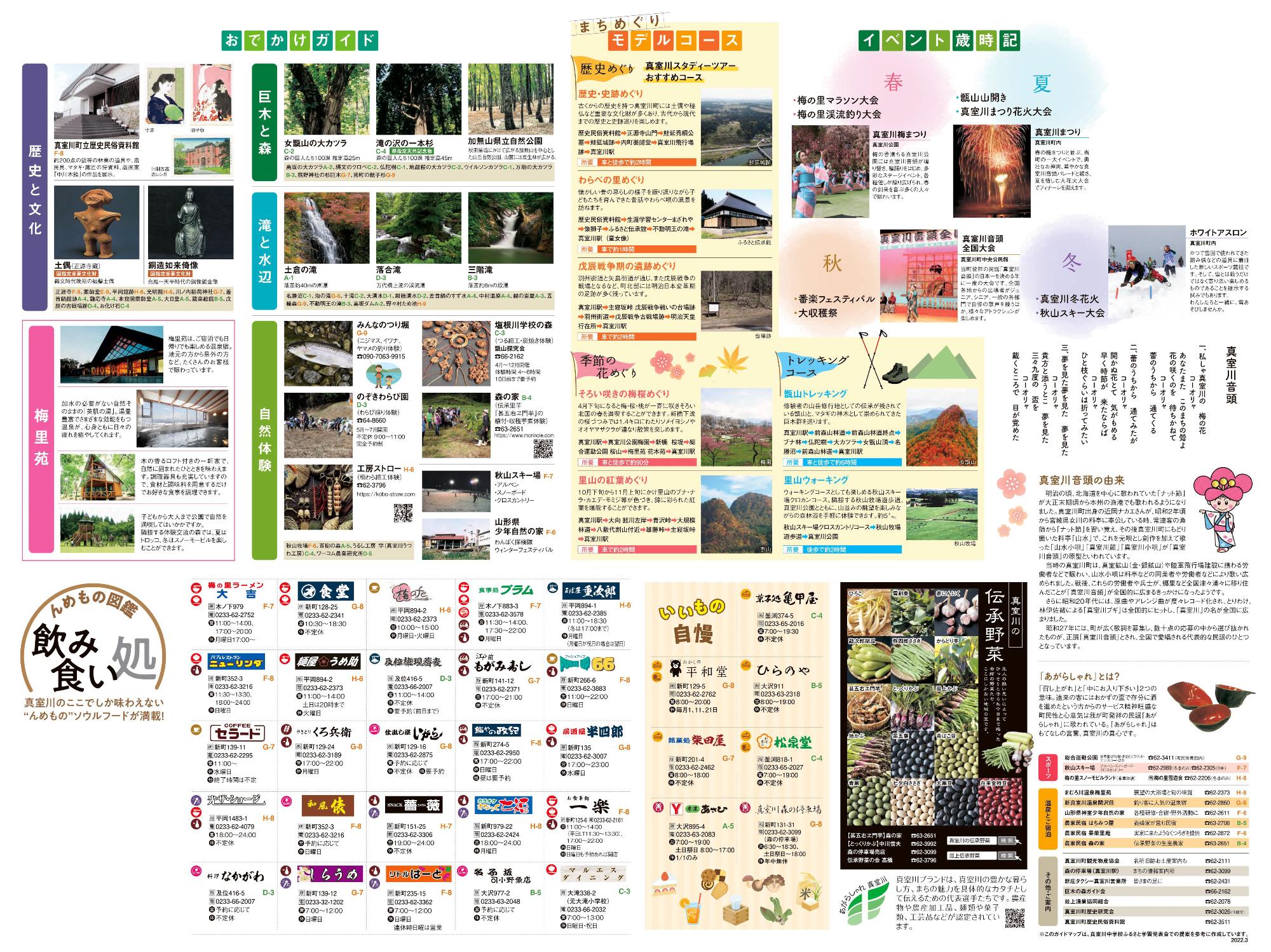 おでかけガイドなど観光情報が載っている真室川町観光パンフレットの裏面 詳細は以下